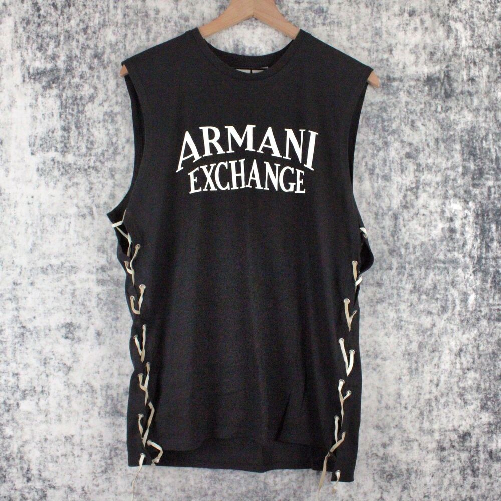 Vintage Armani Exchange Lace Up Side Tank Top Black Size Large Y2K USA Grunge